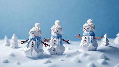 The primary subject of the image is a group of three snowmen, each wearing a knitted hat and scarf. They are standing on a snow-covered ground, which serves as the setting for the scene. The visual style of the image is a combination of photo and digital art, creating a unique and creative representation of the snowmen. The colors and mood of the image are predominantly white and cold, reflecting the winter season and the snowmen's appearance.